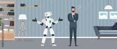 The robot cannot find a solution. The robot makes a helpless gesture. The businessman pondered. Artificial intelligence failure concept. Vector.