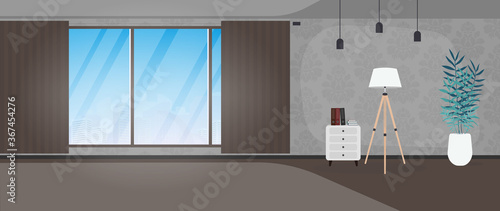 A spacious room with a large panoramic window. Office. Vector illustration.