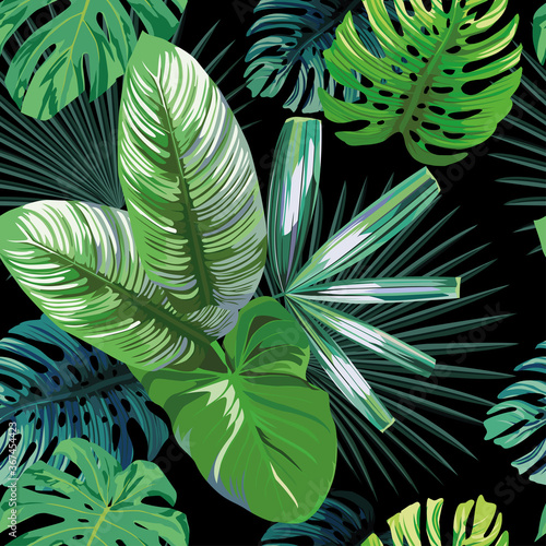 Seamless exotic pattern with tropical palm, banana, monstera leaves on a black background green vector style. Hawaiian tropical natural floral wallpaper