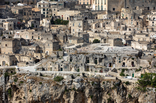Panoramic view of Sassi di Matera a historic district in the city of Matera, well-known for their ancient cave dwellings from the Belvedere di Murgia Timone, Basilicata, Italy