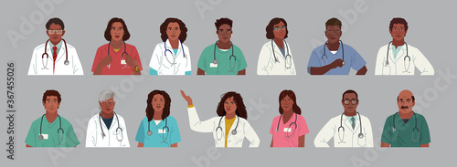 African American Medics. Medical Characters. Doctors and nurses portraits, team of doctors concept, medical office or laboratory. Modern flat vector concept digital people vector illustration.