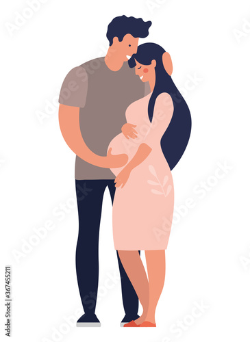 Young modern happy family is expecting a baby. A man hugs a pregnant wife. A pregnant girl and a young father are standing. Flat cartoon vector illustration for design