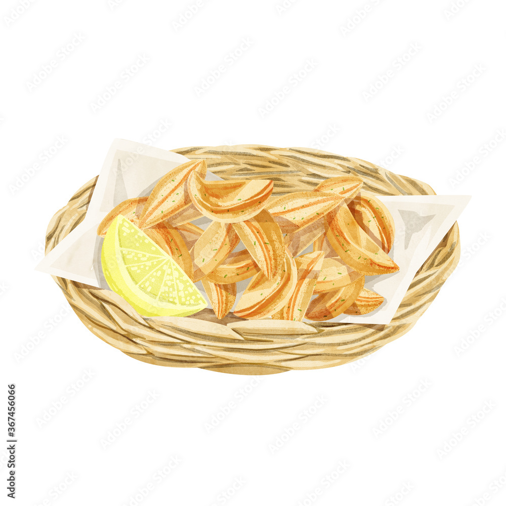 バスケットに入ったフライドポテト水彩手描きイラスト Ilustracion De Stock Adobe Stock