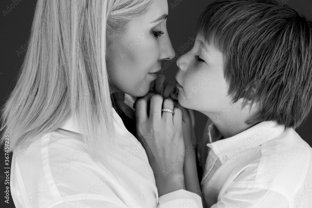 Mother and son. Black and white photo. High quality photo Mother and son. Black and white photo. High quality photo