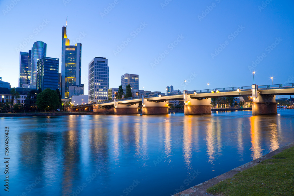 Frankfurt panoramic view across River Main bridge to skyscrapers Germany