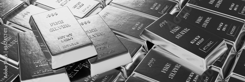 Close up view of Silver bars or ingots in bank vault background. Precious metal.3D illustration 