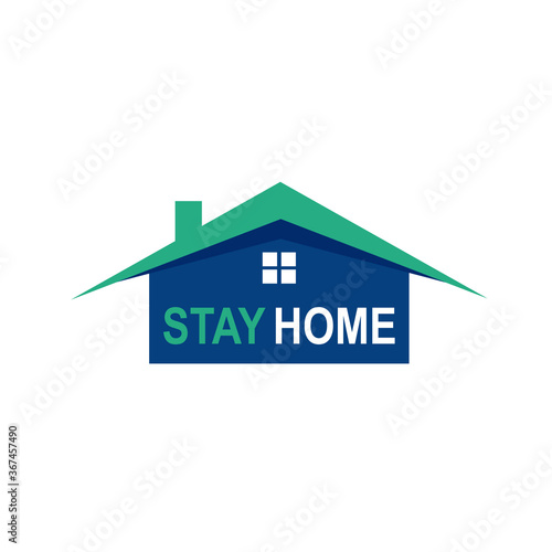 Stay at home text under house roof . COVID 19 or coronavirus protection campaign logo. Self isolation appeal as sign or symbol. Virus prevention concept. Vector illustration.