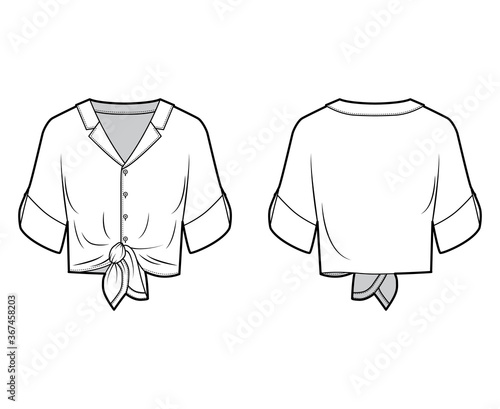 Photographie Tie-front blouse technical fashion illustration with lapel notched collar neck, roll cuff elbow sleeve