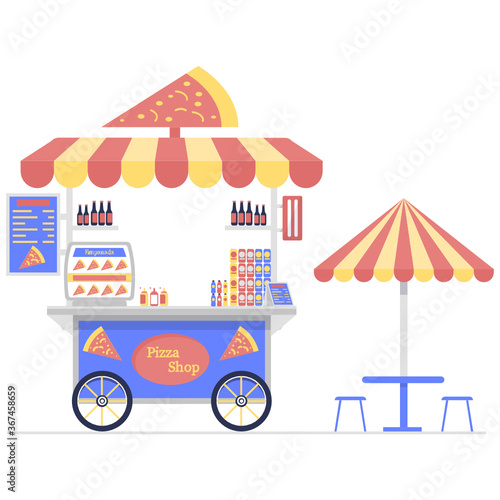 
Italian junk food topped with vegetables and sausages, a pizza shop illustration in flat design 
