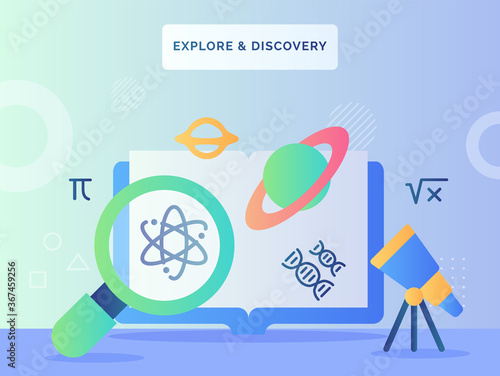 Explore and discovery concept lupe finding atom icon telescope look saturn planet in front computer with flat style.