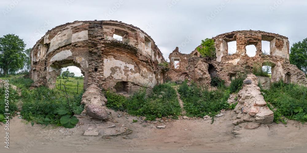 seamless spherical hdri panorama 360 degrees angle view near brick wall of ruined castle in equirectangular projection with zenith and nadir, ready for  VR virtual reality content