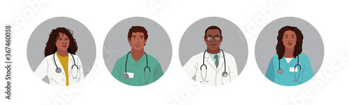 African American Medics. Medical Characters. Doctors and nurses round portraits, team of doctors concept, medical office or laboratory. Modern flat vector concept digital people vector illustration