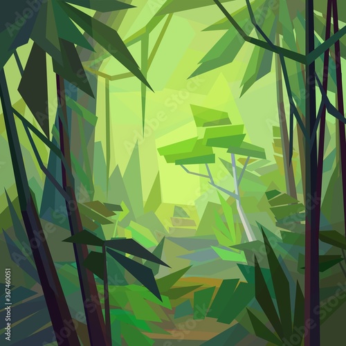 Low poly jungle landscape. There are palms, ferns, trees, other plants in tropical forest. Vector illustration