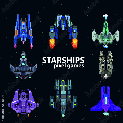 Set of starships from pixels, 8-bit game isolated on white background. Vector