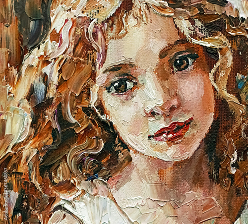 Smiley little girl with curly hair. Created in the expressive manner, palette knife technique of oil painting and brush. © Mariia