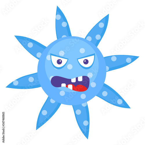 
Goofy microbe icon in flat style, bacterial phrase 
