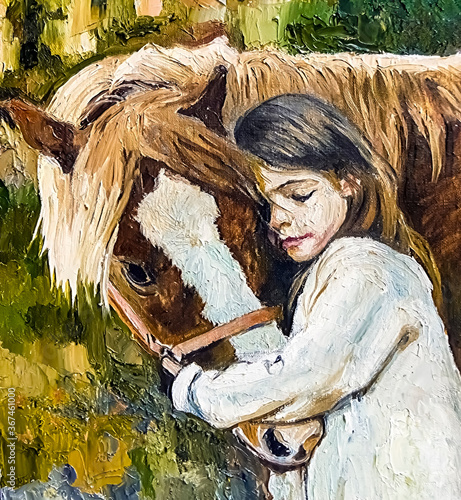 Canvas Print Pretty little girl hugs her friend horse in the bright summer day