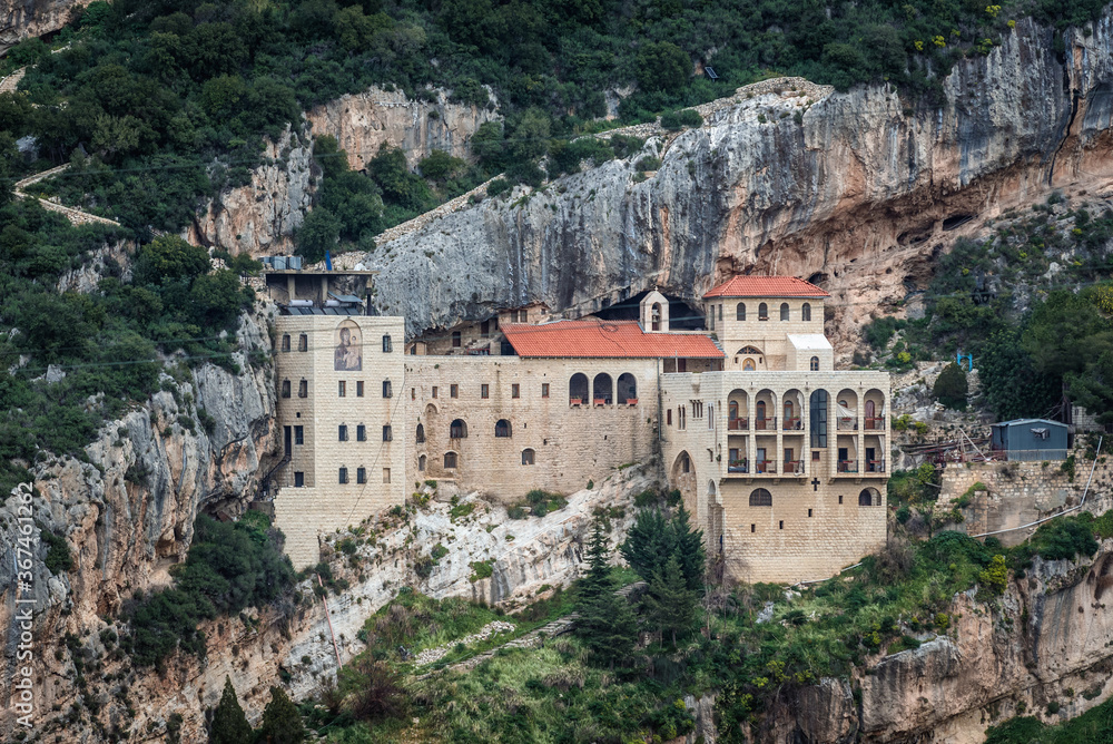 Distance view of the monastery of Our Lady of Hamatoura near Kousba village in Lebanon