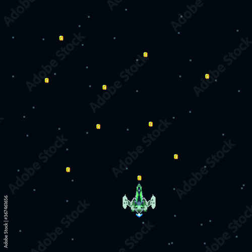 Pixel art style UFO space war arcade game. template. Pixel explosion and spaceship. A retro 8-bit game inspired by the trendy 90s. Space place. Battles under the stars. Old computer games. vector