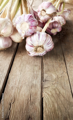 Close up picture of fresh organic garlic on a wooden table, selective focus, space for text.