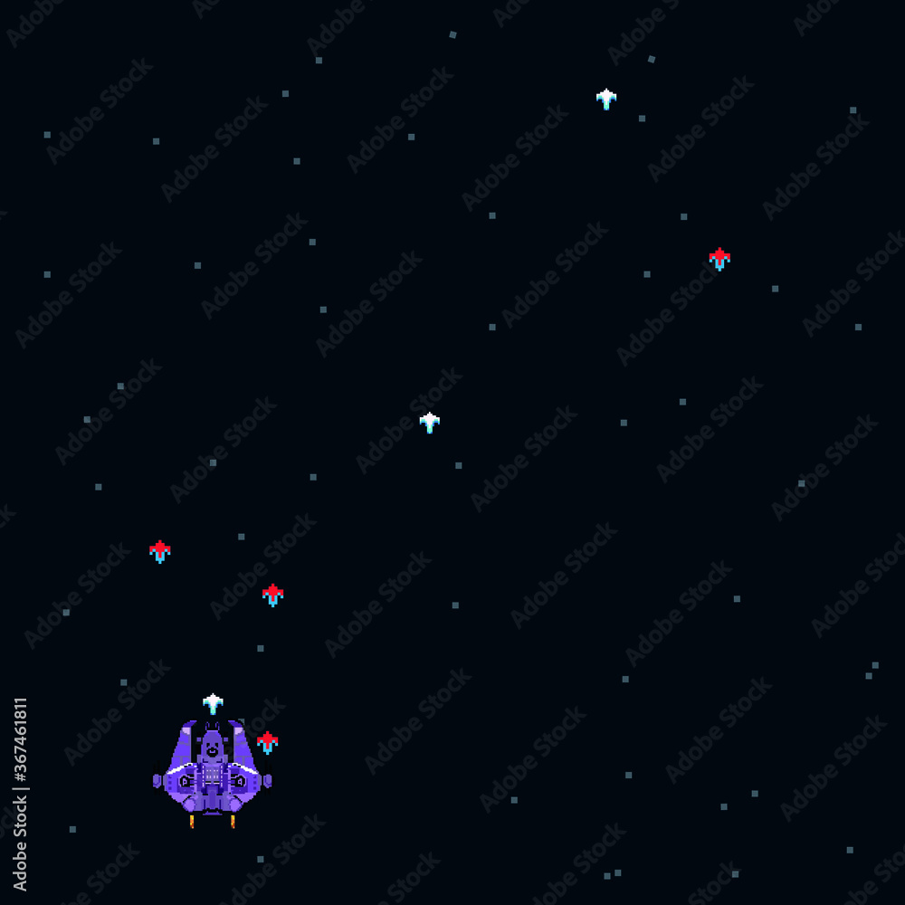 Pixel art style UFO space war arcade game. template. Pixel explosion and spaceship. A retro 8-bit game inspired by the trendy 90s. Space place. Battles under the stars. Old computer games. vector