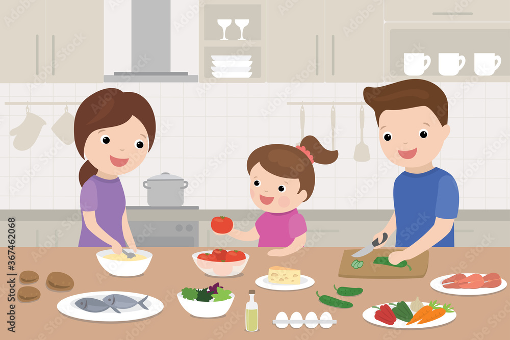 Happy family is cooking in the kitchen. Parents and daughter is cooking Healthy food from different ingredients Happy family is cooking in the kitchen. Parents and daughter is cooking Healthy food from different ingredients