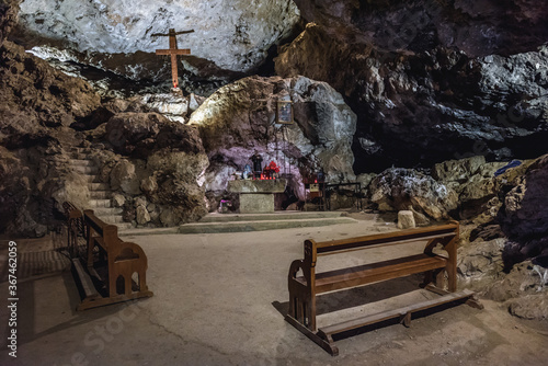 Cave chapel in Maronite Order Monastery of Qozhaya deticated to St Antohny the Great, located in Qadisha Valley in Lebanon photo