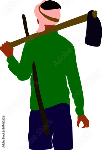 An indian village farmer man cartoon going to agriculture work holding farming tools on hand.