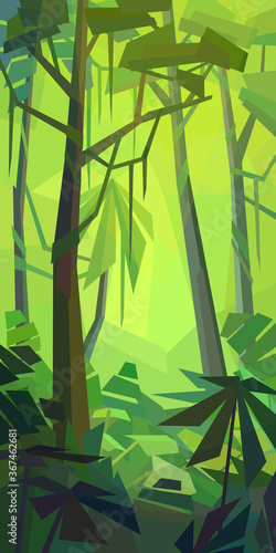 Low poly tropical landscape. Beautiful jungle with vines and dense ferns. Vertical vector illustration