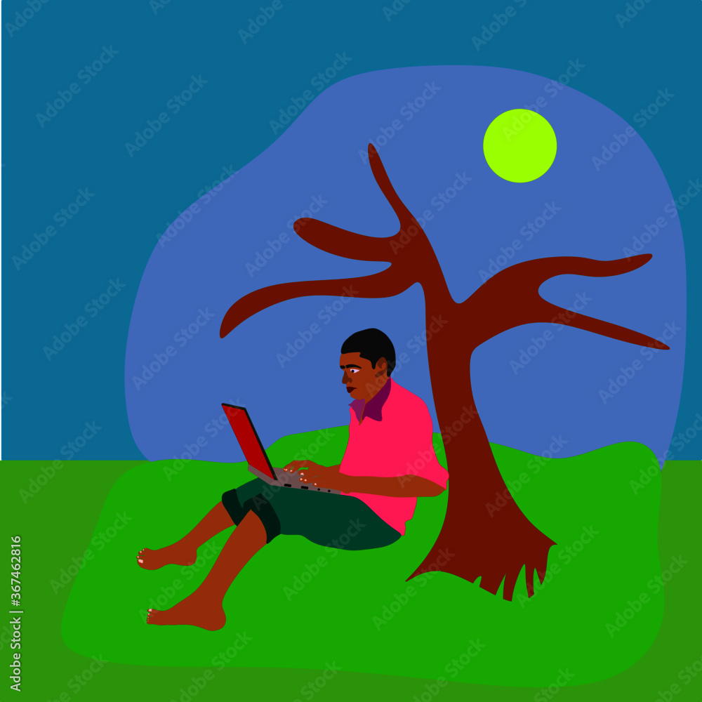 An indian village poor man cartoon operating laptop on natural field at  beautiful background. Stock Vector | Adobe Stock