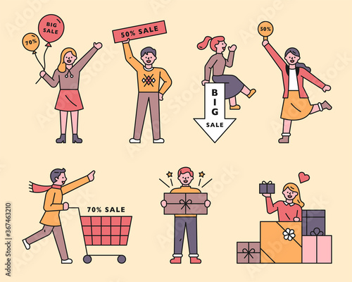 People carrying shopping icons flat design style minimal vector illustration.