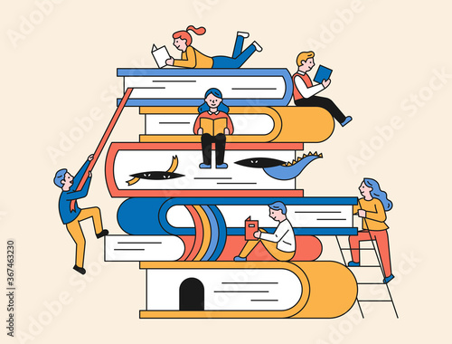 Huge books are piled up. Small people are reading books around. flat design style minimal vector illustration.