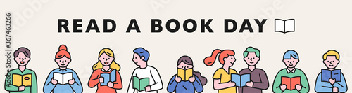 People are standing in line and reading books. Horizontal banner. flat design style minimal vector illustration.