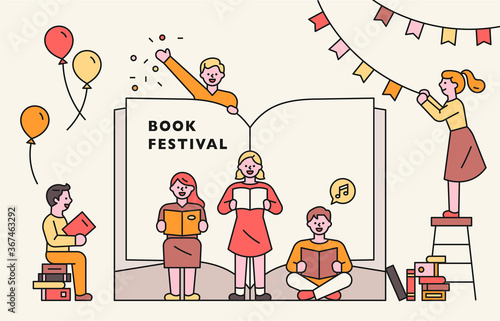 Book festival poster. People are reading books in front of large books, and some are decorating poster around them. flat design style minimal vector illustration.