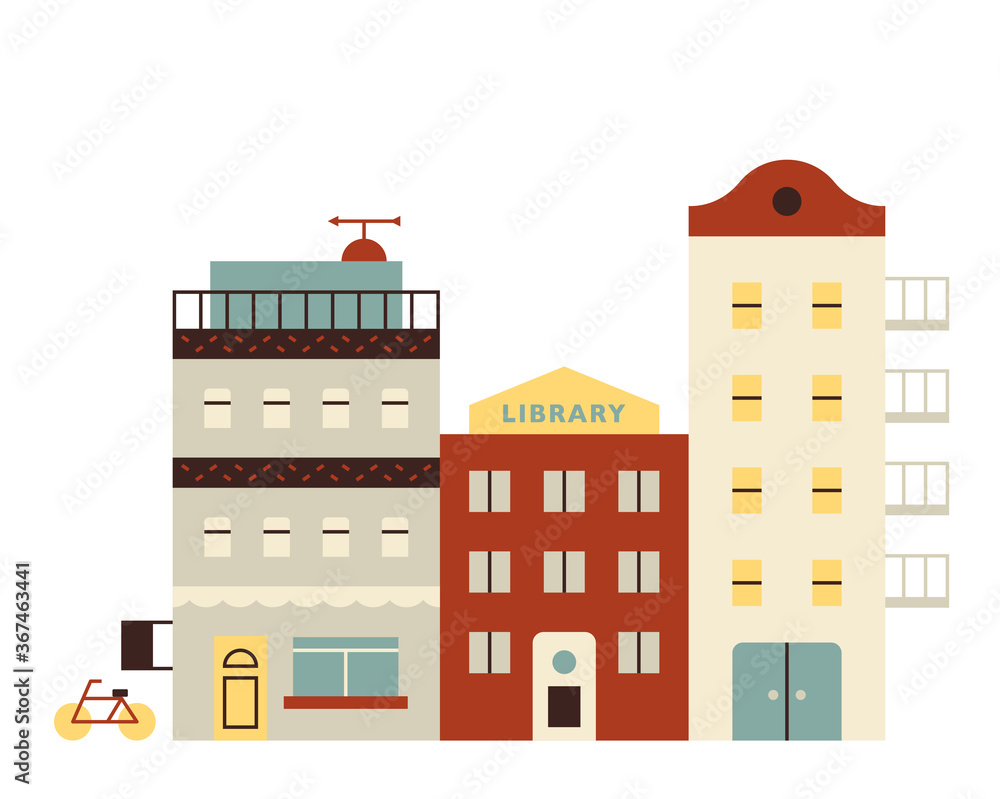 Simple buildings on a small town street. flat design style minimal vector illustration.