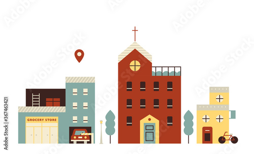 Simple buildings on a small town street. flat design style minimal vector illustration.