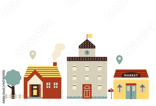 Simple buildings on a small town street. flat design style minimal vector illustration.