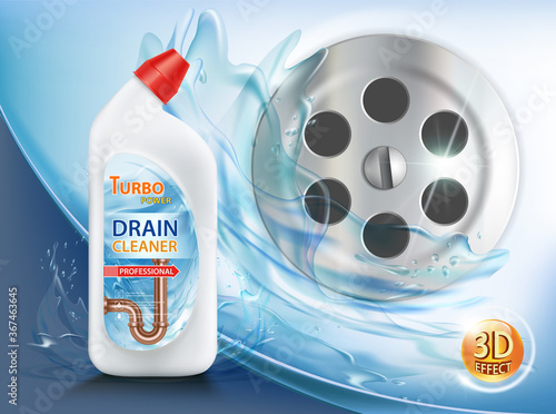 Plastic bottle with detergent. Drain cleaner. Label design.