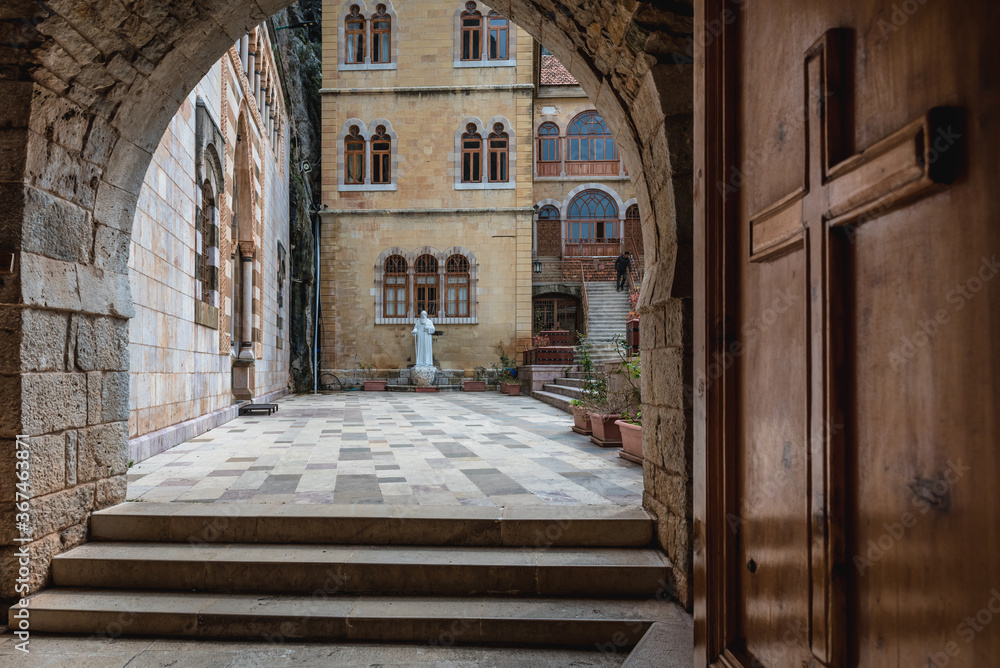 Main courtyard of Maronite Order Monastery of Qozhaya deticated to St Antohny the Great, located in Qadisha Valley in Lebanon