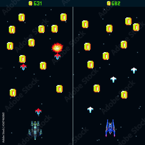 Pixel space game with coins. Pixel art, arcade game. template. A retro 8-bit game inspired by the trendy 90s. Space place. Battles under the stars. Old computer games. vector illustration