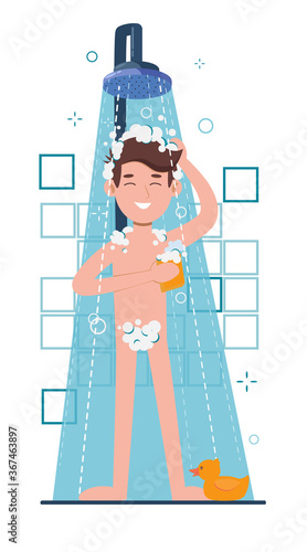 Young man taking shower in bathroom. Washes head, hair and body with shampoo and soap. Flat cartoon vector illustration