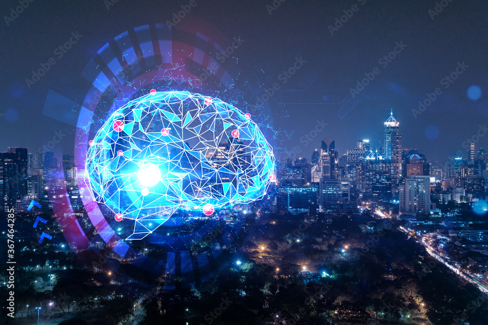 Human brain hologram, aerial panoramic city view of Bangkok at night. Educational cluster in Asia. The concept of artificial intelligence. Double exposure. Human brain hologram, aerial panoramic city view of Bangkok at night. Educational cluster in Asia. The concept of artificial intelligence. Double exposure.