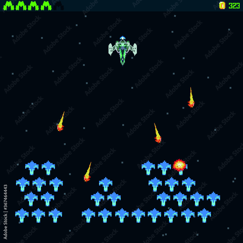 Arcade Retro video game, 8 bit, arcade warships, shooting, map background, vector graphic design illustration. Battles under the stars