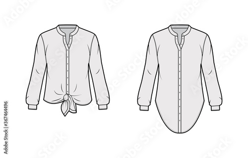 Shirt technical fashion illustration with curved mandarin stand collar, long sleeves, tie hem, oversized body. Flat apparel blouse template front, grey color. Women, men and unisex top CAD mockup