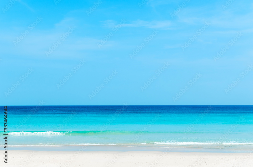 Beautiful tropical beach with blue sky and white clouds abstract texture background. Copy space of summer vacation and holiday business travel concept.