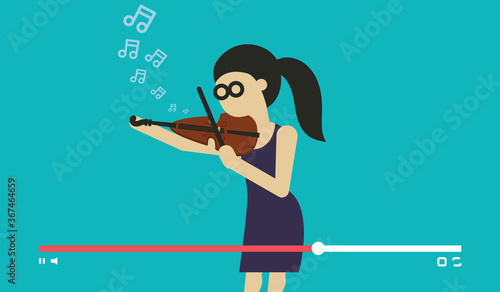 Musician play violin. Videostream of music festival and online entertainment event vector illustration. Young girl play violin on blue background. Videocast and sharing online video with musician.