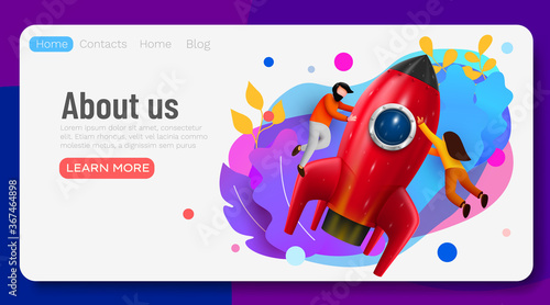 People flying around big rocket. Startup and starting business concept. Web page, banner, presentation. Business project startup process, idea through planning.