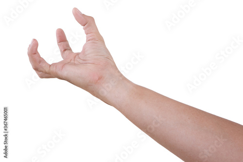  Male asian hand gestures isolated over the white background. Grab Round Thing with five fingers Action.