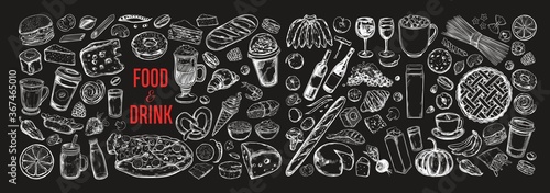 Big vector set of drink and food ingredients. Dairy, bakery, coffee, wine, vegetables etc. Hand drawn sketches. Isolated objects