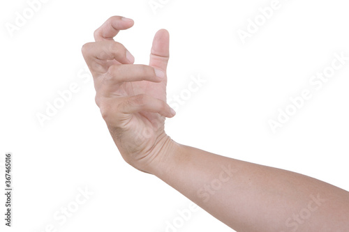  Male asian hand gestures isolated over the white background. Grab Round Thing with five fingers Action.